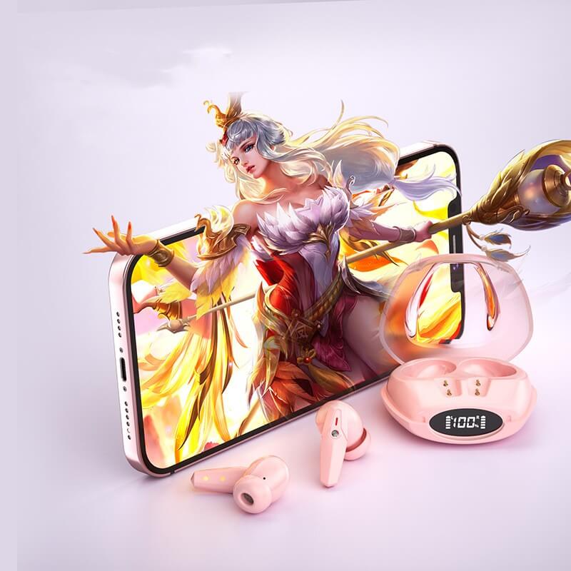 Bluetooth Headset Power Digital Display Ultra Long Endurance Sports TWS with pink charging case and animated background.