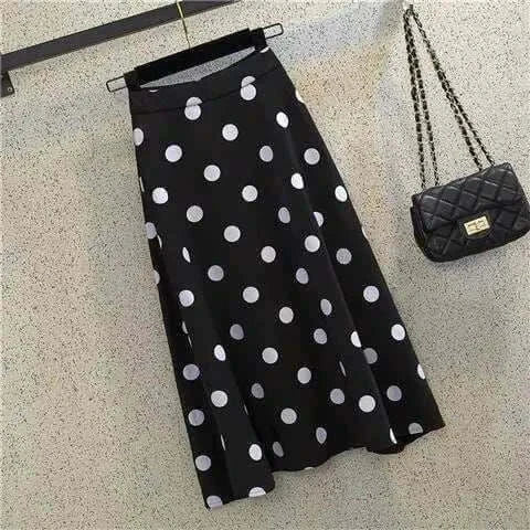 Jupe Mi-Longue Taille Haute Pois - Forme Évasée Élégante Rétro