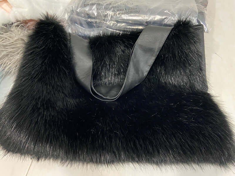 Women's Bags, Handbags, Women's Shoulder Bags, Fur Bags, Plush Bags - black imitation fur handbag with straps.
