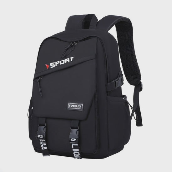 Girls' Large Capacity School Backpack – Waterproof Oxford Bag for Teens in black with sport branding and ergonomic design.